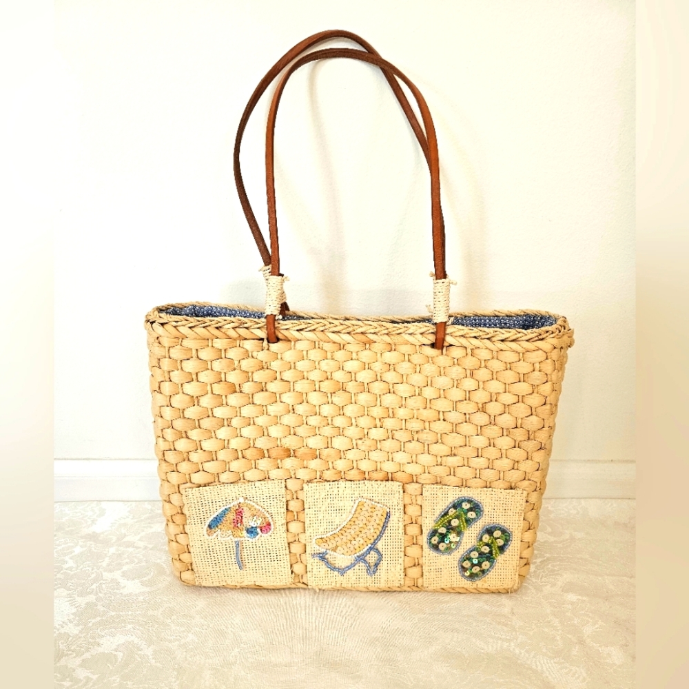 Straw Corn Husk Summer Beach Handbag with Sequins and Beads - EUC!